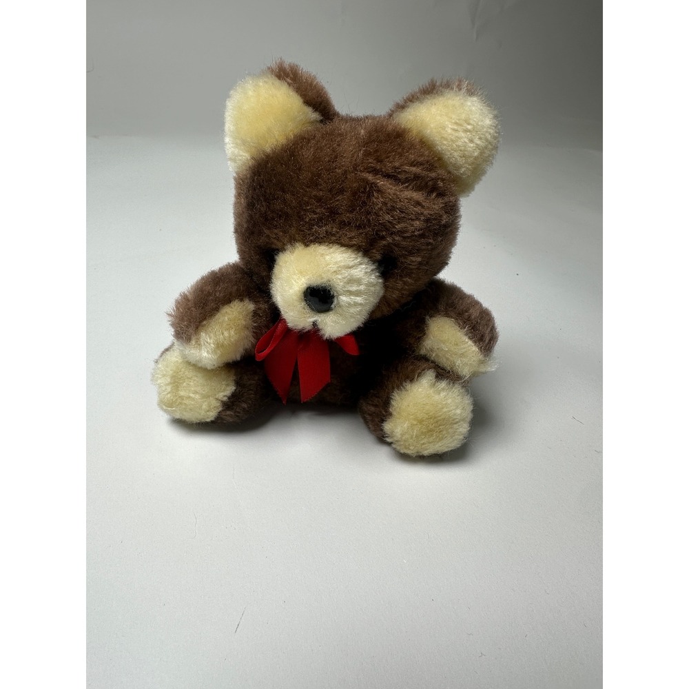 Vintage Russ Berrie‎ Teddy Bear Brown Cream Plush Red Ribbon Item 245 Small Toy